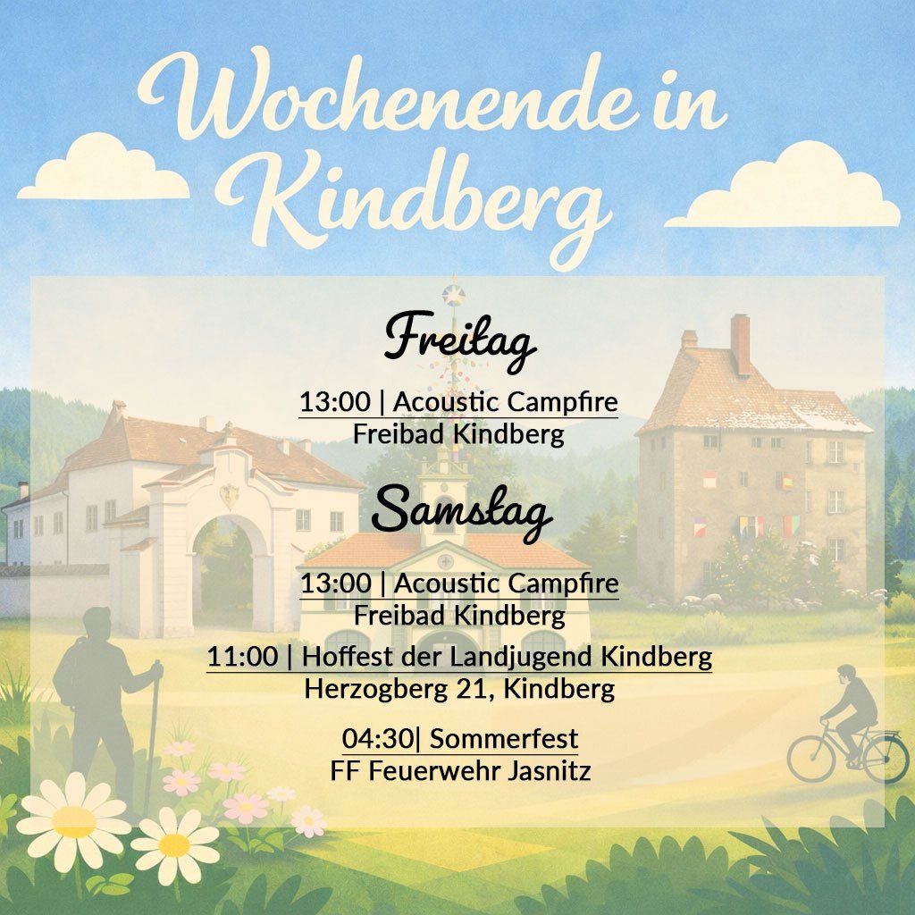 Plakat für Veranstaltungen in Kindberg, Österreich. Zeigt ein Schloss, eine Person beim Gehen und einen Radfahrer. Veranstaltungen umfassen ein akustisches Lagerfeuer, ein Jugendfestival und ein Sommerfestival.