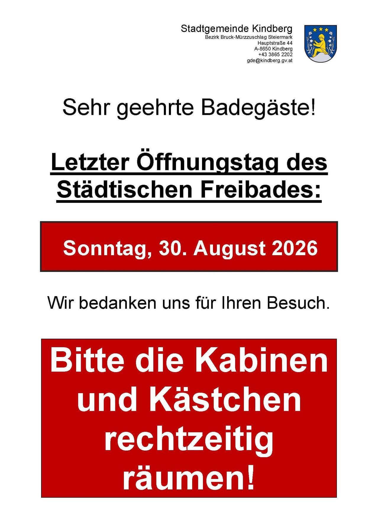 Plakat mit rotem Rand, das den letzten Öffnungstag des städtischen Freibades am Sonntag, 30. August 2026 ankündigt. Es enthält eine Dankesbotschaft für Besucher.