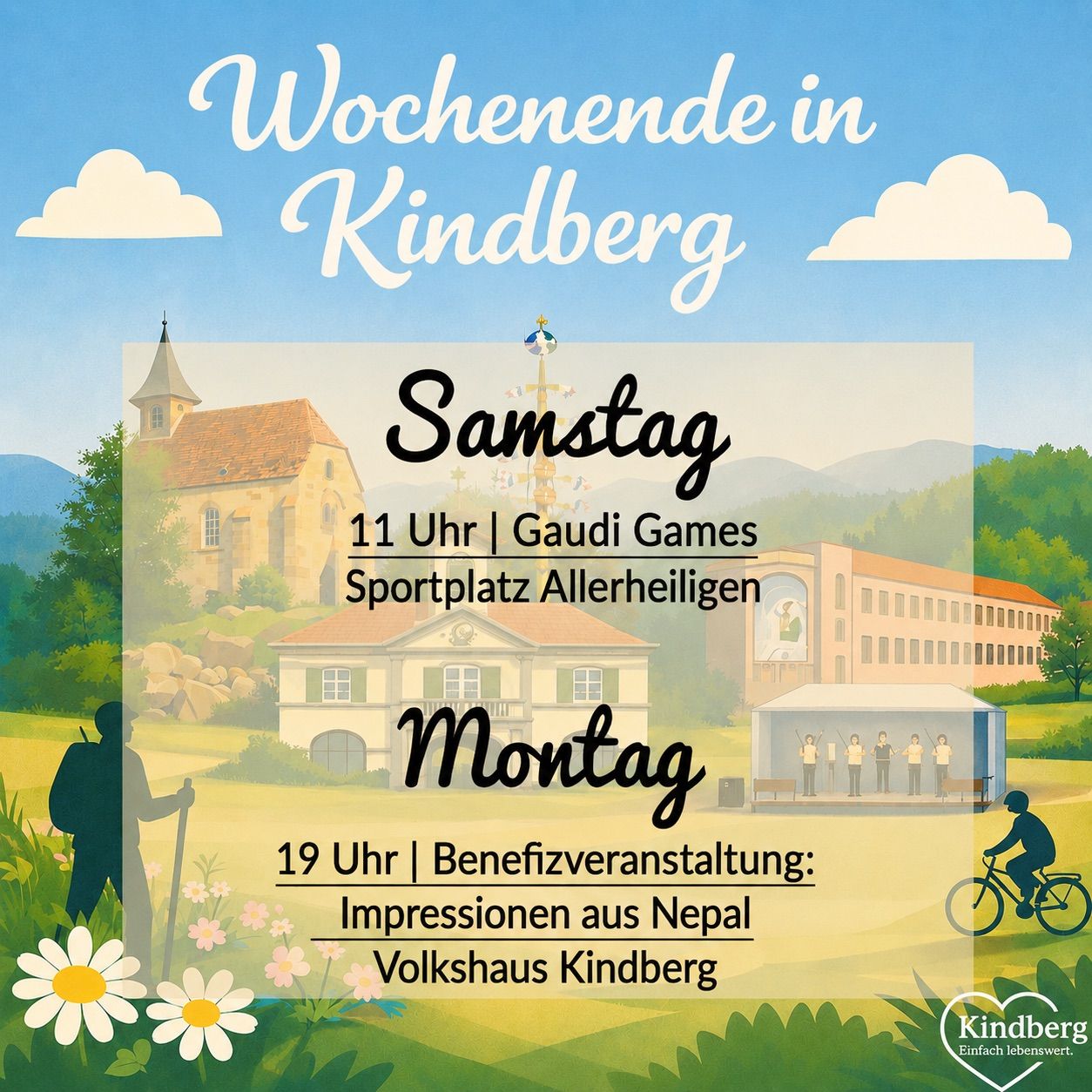 Poster for events in Kindberg, Austria. Saturday at 11 AM, Gaudi Games at Allerheiligen Sports Field. Monday at 7 PM, Benefit Event: Impressions from Nepal at Kindberg Community House.