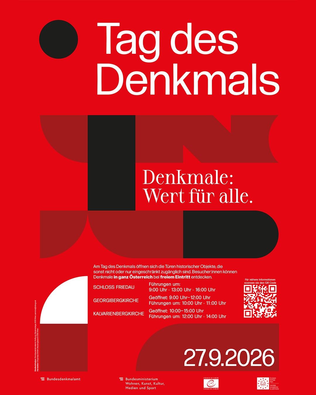 Poster for the Day of Monuments, featuring a red background with white text. It lists locations and opening hours for monument visits in Austria. A QR code is included for more information.