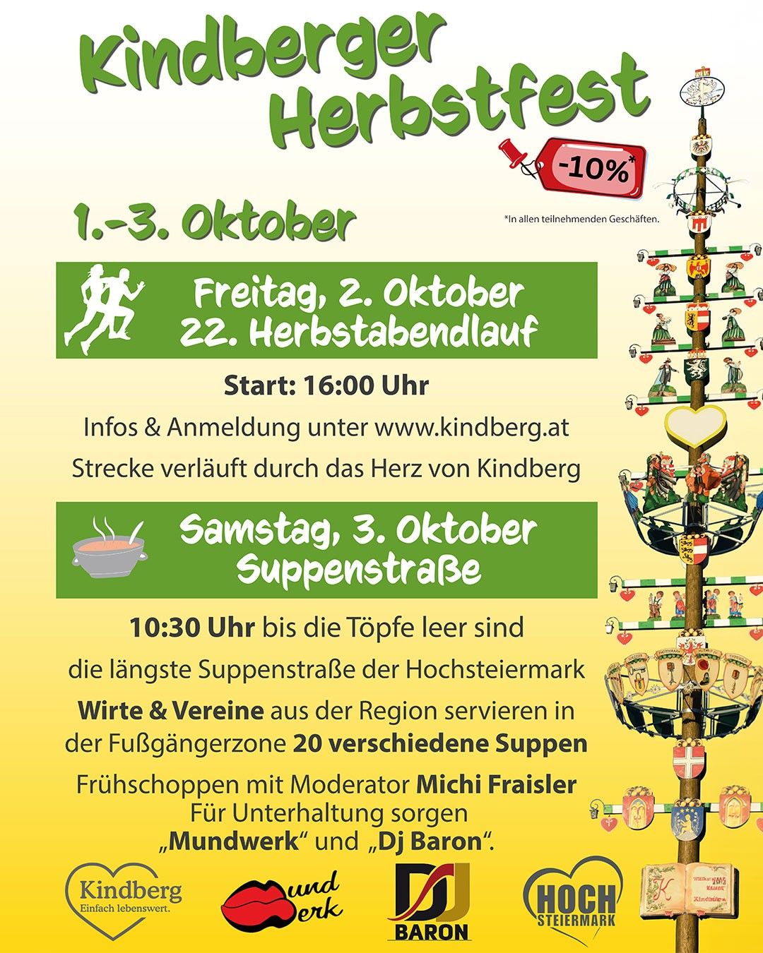 Poster for Herbstfest event in Kindberg, Austria. Features a 10% discount tag, dates from October 1-3, details about a Friday evening run and a Saturday soup street. The poster is colorful with a decorative tree and various icons.
