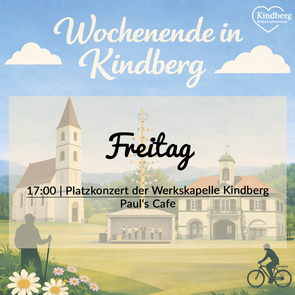 Plakat für ein Wochenende in Kindberg. Eine Kirche im Hintergrund mit Menschen davor. Ein Mann fährt Fahrrad.