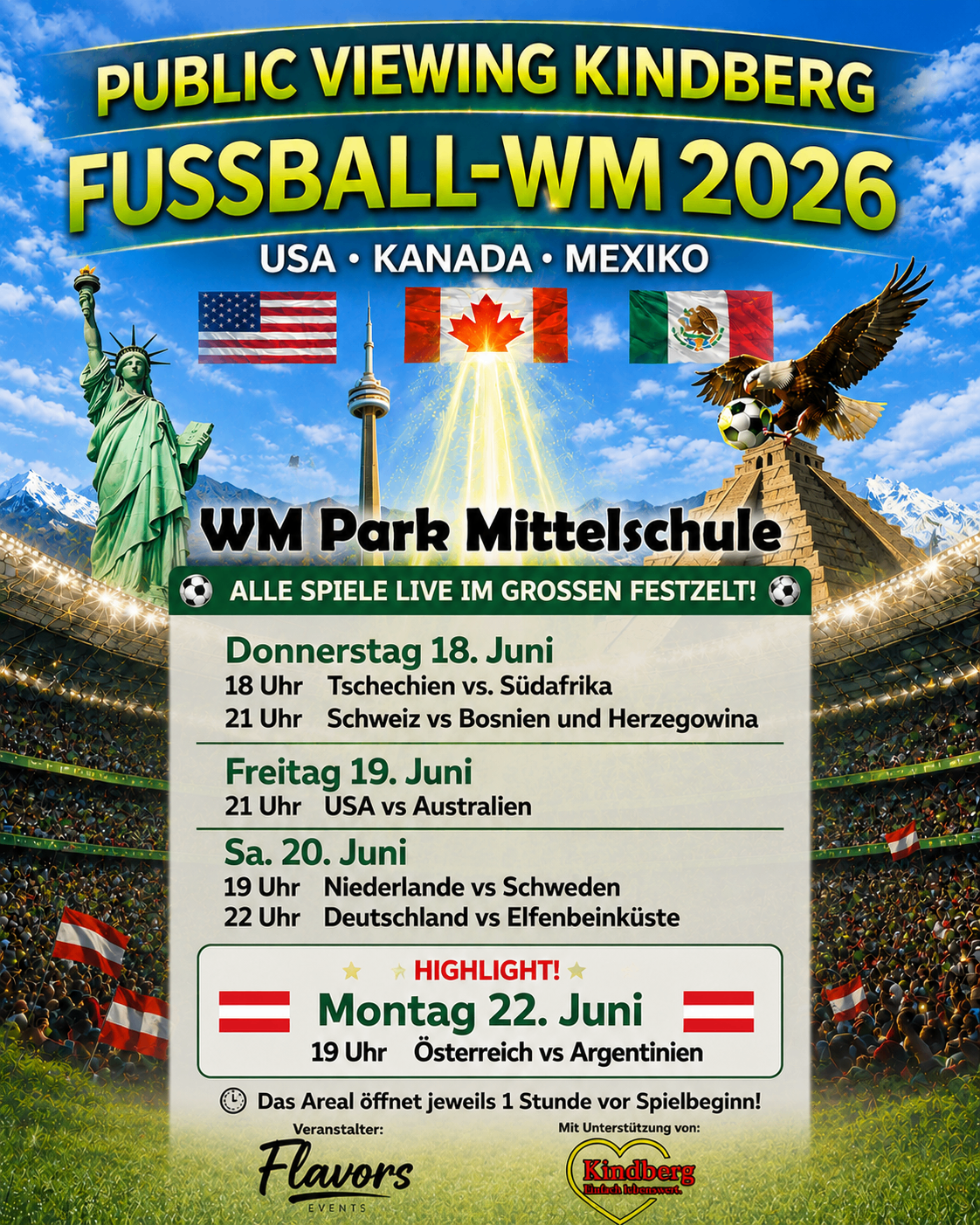 Ein Plakat für die FIFA Frauen-Weltmeisterschaft 2026 in USA, Kanada und Mexiko, mit der Freiheitsstatue, kanadischer und mexikanischer Flagge. Der Zeitplan beinhaltet Spiele am 18., 19., 20. und 22. Juni.