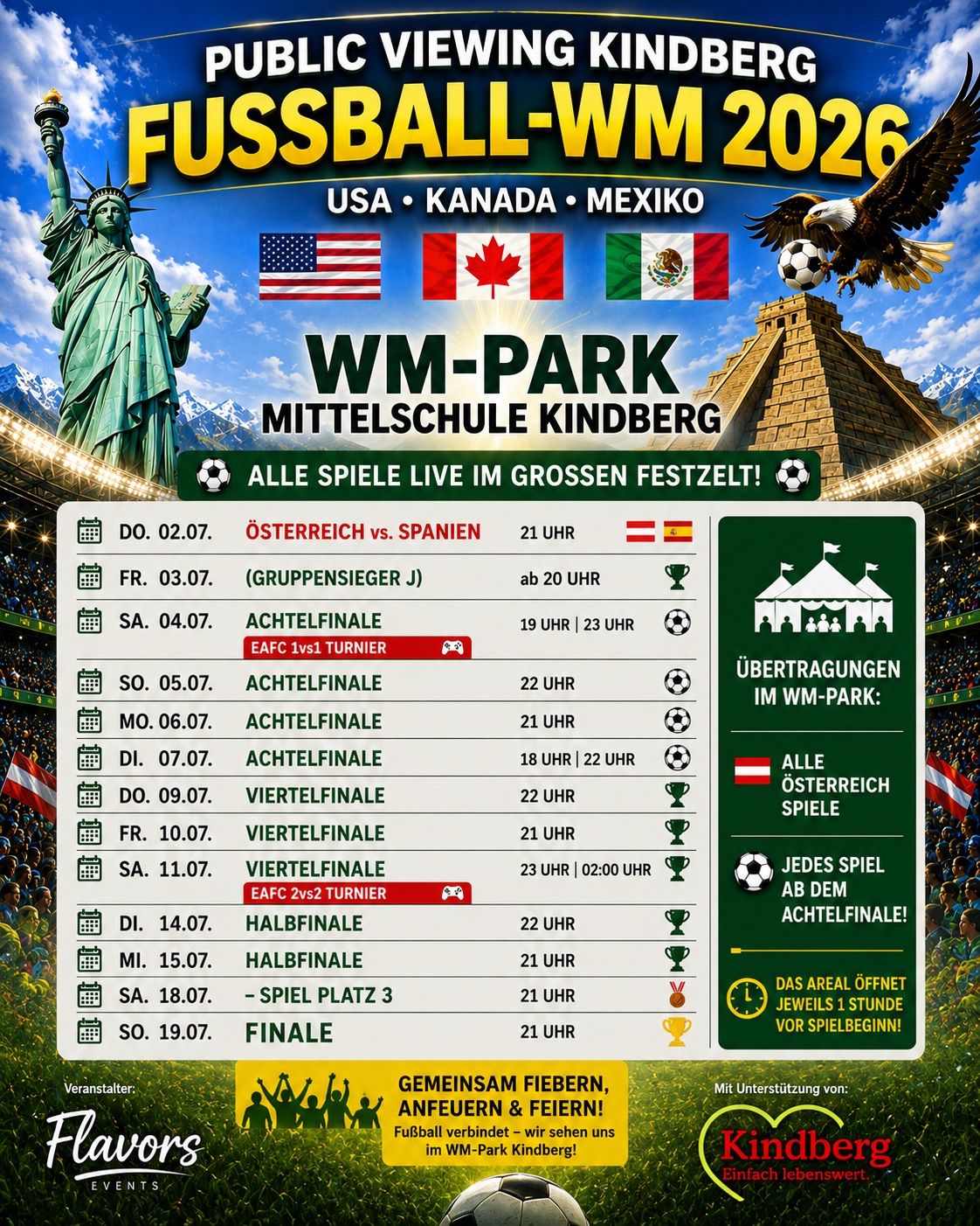 Plakat für die Frauen-Weltmeisterschaft 2026 in USA, Kanada und Mexiko. Spiele finden im WM-Park Mittelschule Kindberg statt. Die Veranstaltung umfasst verschiedene Spiele, Live-Übertragungen und Feierlichkeiten.