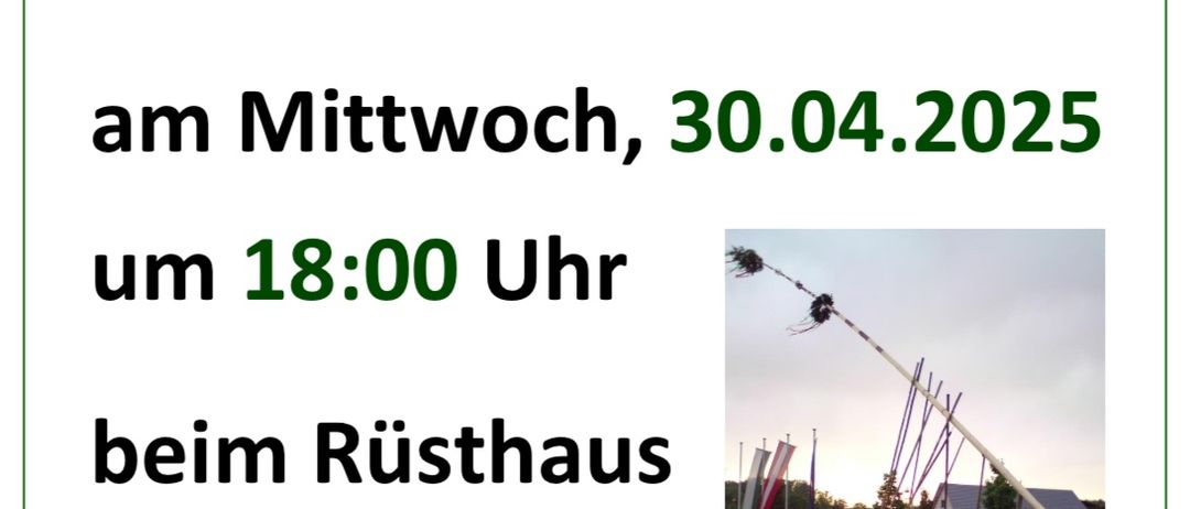 Plakat für die Veranstaltung 'Maibaum aufstellen' am Mittwoch, 30. April 2025 um 18:00 Uhr beim Rusthaus in Hohenbrugg. Das Bild zeigt eine Gruppe von Menschen mit einem großen Holzstab.