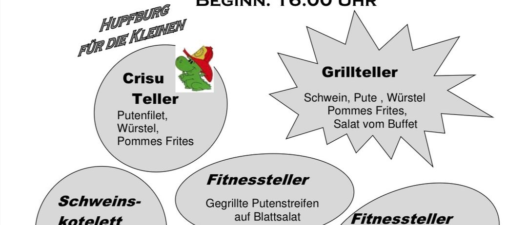 Plakat für ein Grillfest beim Rusthaus. Datum ist Samstag, 19. Juli 2025. Beginn um 16:00 Uhr. Menü beinhaltet gegrilltes Fleisch, Würste, Bratwurst, Kartoffelsalat und mehr. Vegetarische Optionen verfügbar. Wein erhältlich.