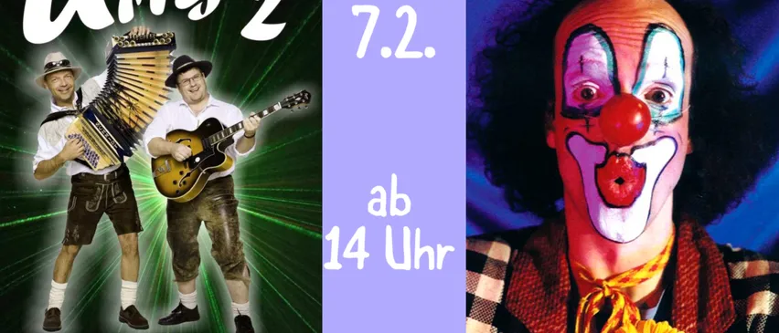 Das Bild zeigt einen Mann, der eine Gitarre spielt, mit einem Poster, das 'Jung Humor' und '92' auf einem grünen Hintergrund anzeigt. Ein anderer Mann trägt eine Clown-Gesichtsbemalung mit 'ab 14 Uhr' auf einem lila Hintergrund.