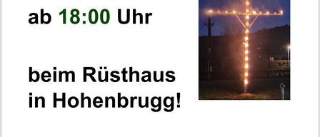 Ein Plakat kündigt eine Kreuzbeleuchtungsveranstaltung am 4. April 2026 um 18:00 Uhr im Rusthaus in Hohenbrugg an, mit einem Essen bestehend aus Brot, Gurken und Tomaten.