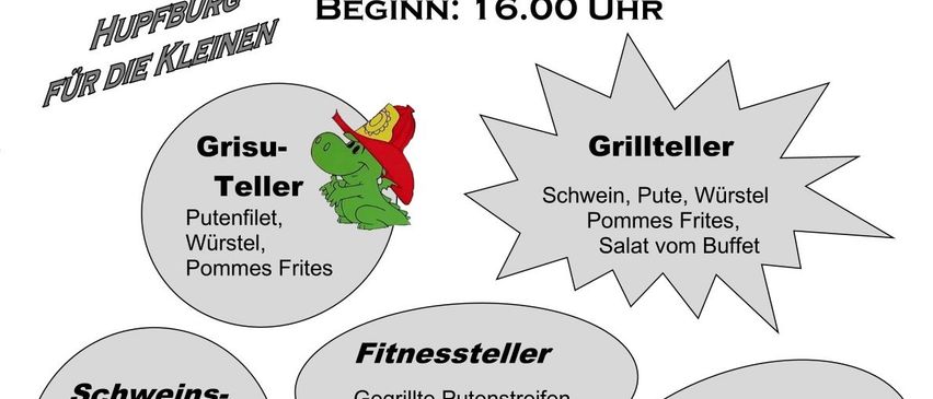 Plakat für Grillen beim Rusthaus am 18. Juli 2026, Beginn um 16.00 Uhr. Verschiedene Essensoptionen wie Schwein, Würstchen, Salate und Buffet-Optionen. Zusätzliche vegetarische und Burger-Optionen verfügbar.
