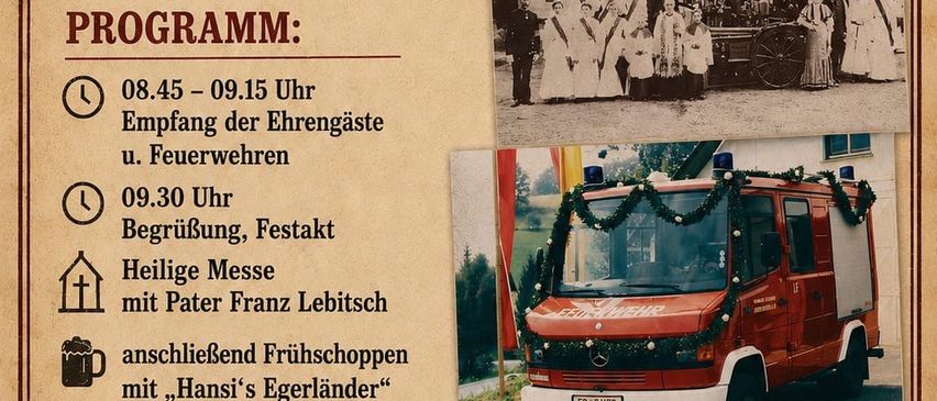 Ein altmodischer Plakat für die Veranstaltung der Feuerwehr Hohenbrugg/Raab am Sonntag, 6. September 2026. Das Plakat enthält einen Zeitplan, ein historisches Bild einer Feuerwehr und ein modernes Bild eines Feuerwehrwagens. Die Veranstaltung umfasst einen Empfang, eine Zeremonie, eine Messe und ein Frühstück.