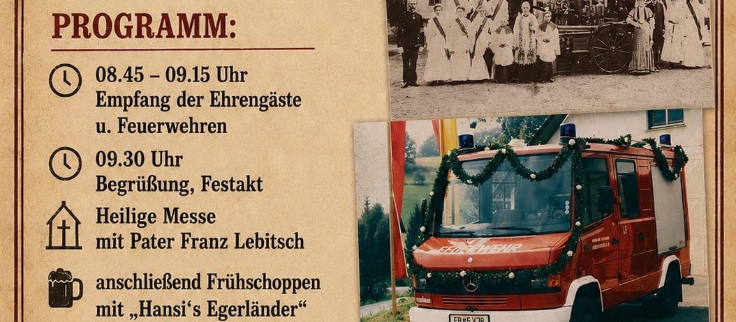 Ein altmodischer Plakat für die Veranstaltung der Feuerwehr Hohenbrugg/Raab am Sonntag, 6. September 2026. Das Plakat enthält einen Zeitplan, ein historisches Bild einer Feuerwehr und ein modernes Bild eines Feuerwehrwagens. Die Veranstaltung umfasst einen Empfang, eine Zeremonie, eine Messe und ein Frühstück.