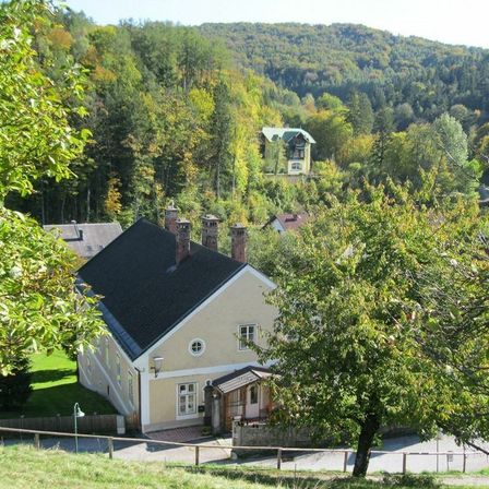 Ein Haus mit schwarzem Dach und Schornsteinen steht unter Bäumen und einem Zaun, mit einem größeren Gebäude auf einem Hügel im Hintergrund.
