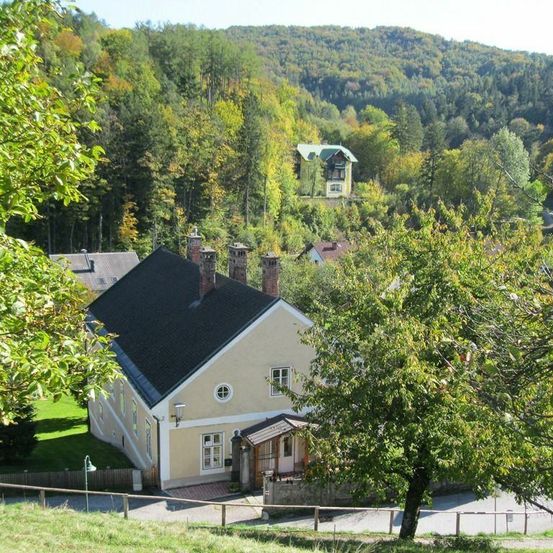 Ein Haus mit schwarzem Dach und Schornsteinen steht unter Bäumen und einem Zaun, mit einem größeren Gebäude auf einem Hügel im Hintergrund.