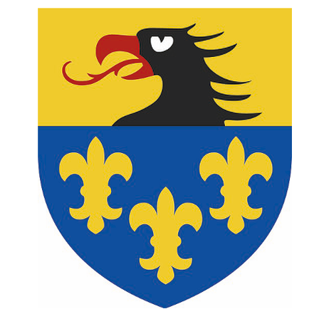 Ein Schild, der in einen gelben und blauen Teil geteilt ist. Ein schwarzer Vogel mit rotem Schnabel ist auf dem gelben Teil. Drei gelbe Lilienblüten sind auf dem blauen Teil.