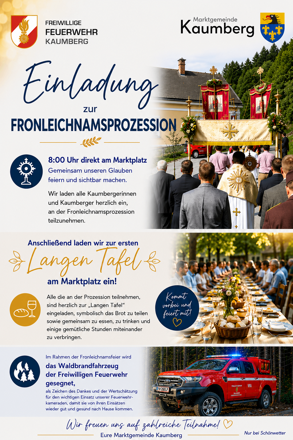 Einladung zur Fronleichnamsprozession um 8:00 direkt am Marktplatz. Wir laden alle Kaumberger herzlich ein, unseren Glauben sichtbar zu feiern. Anschließend laden wir zum langen Tisch am Marktplatz ein.