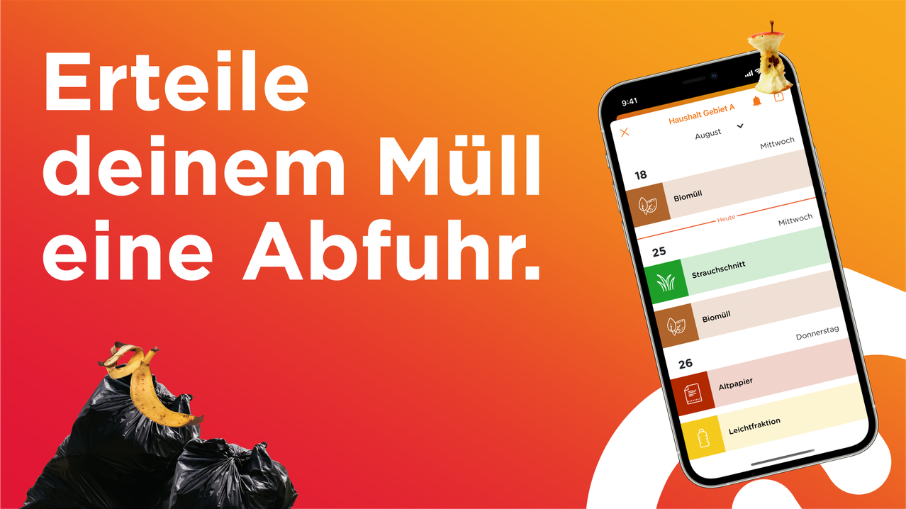 Ein Poster mit orangem Hintergrund zeigt in weißen Buchstaben 'Müll Abfuhr'. Ein Müllsack befindet sich unten links. Rechts ist ein Telefon mit einem grünen Symbol, das 'Haushaltsabfälle', 'Stroh' und 'Biomüll' anzeigt.