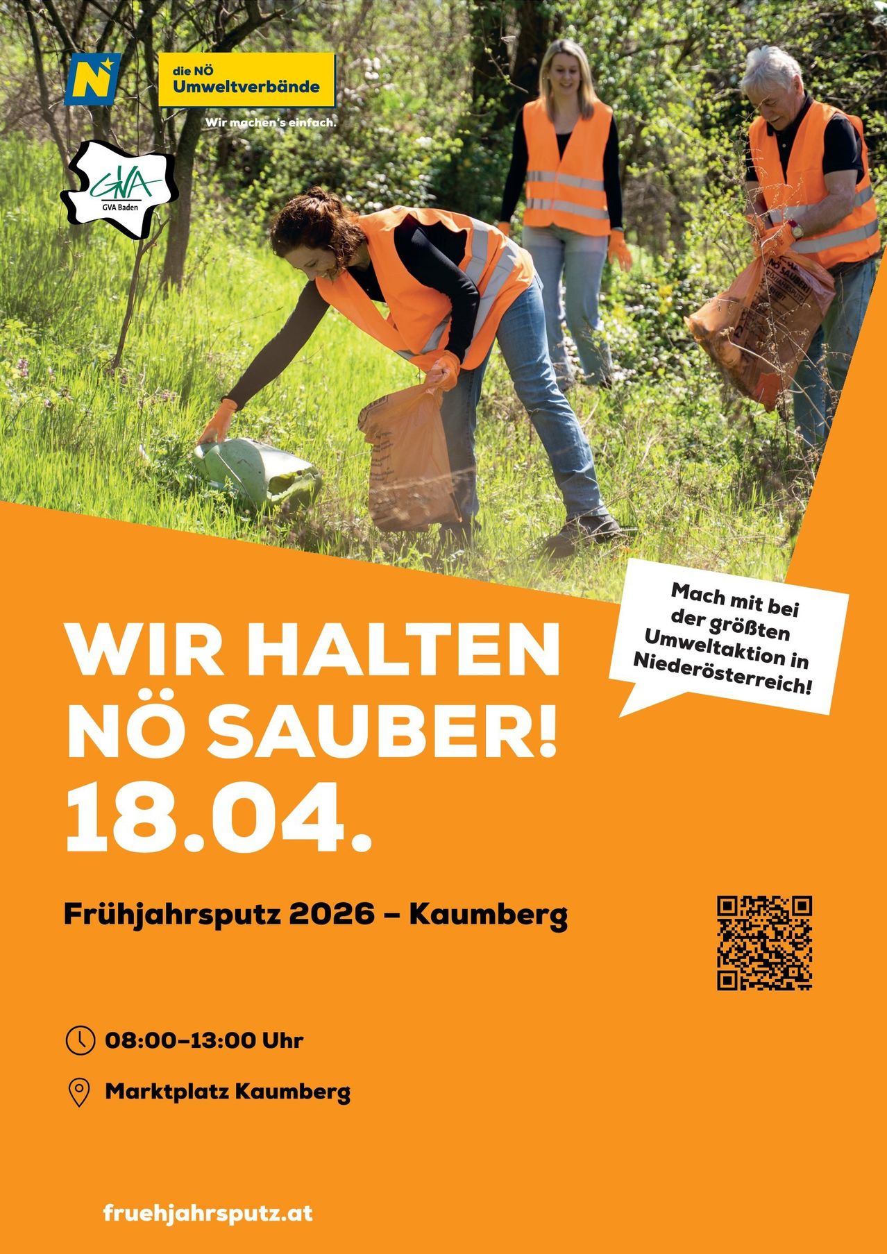 Plakat für eine Umweltreinigungsaktion. Eine Frau in oranger Weste sammelt Müll. Datum ist 18. April 2026, Zeit ist 8:00-13:00. Ort ist Kaumberg. QR-Code ist vorhanden.