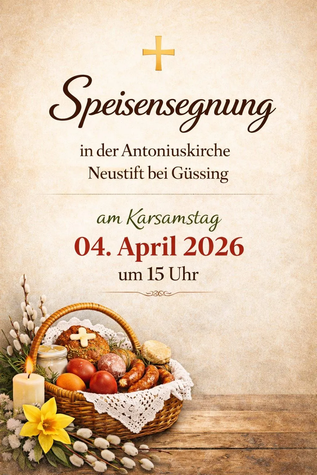 Plakat für eine Speisensegnung in der Antoniuskirche, Neustift bei Güssing, am Karsamstag, 04. April 2026, um 15 Uhr, mit einem Korb voller Brot, Eier und Fleisch.