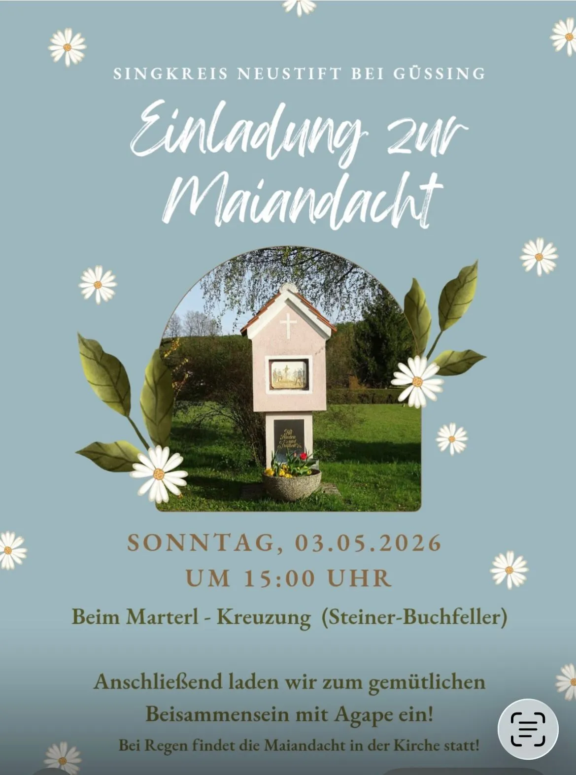 Einladung zur Maiandacht. Zeigt eine Kapelle, Blumen und das Datum 3. Mai 2026. Zeit ist 15 Uhr. Ort ist Steiner-Buchfeller.