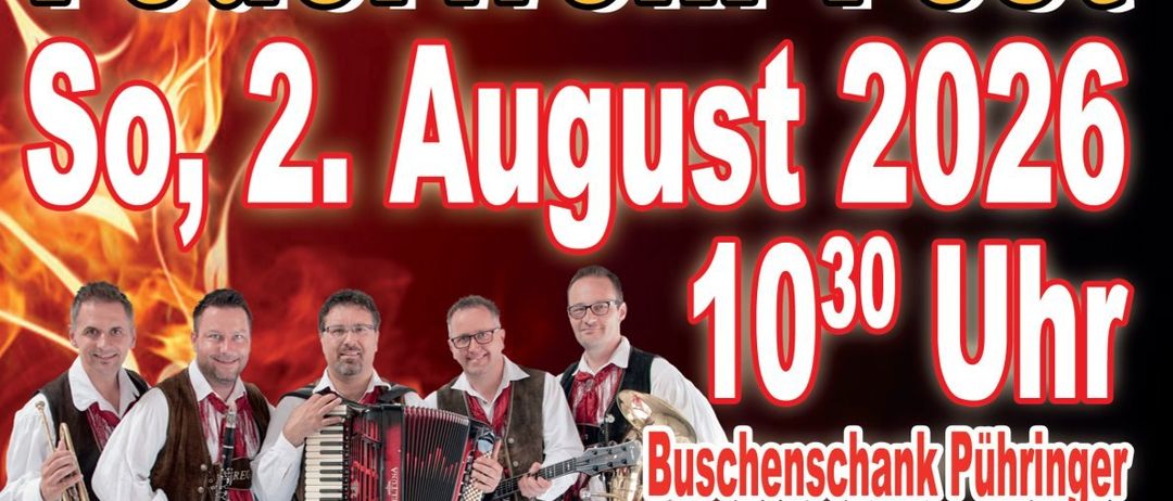Das Plakat bewirbt das Feuerwehrfest in Wernersdorf am 2. August 2026, beginnend um 10:30 Uhr. Es zeigt eine Gruppe von Männern, die verschiedene Instrumente spielen, darunter Trompete, Klarinette, Akkordeon und Tuba, mit einer Flamme und einer Flagge im Hintergrund.