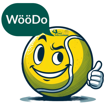 Eine Tennisball-Karikatur mit einem lächelnden Gesicht und einer Sprechblase, die 'WööDo' sagt. Der Ball hat eine Tennisschnur um sich und eine Daumen-Hoch-Geste. Der Hintergrund ist schwarz.