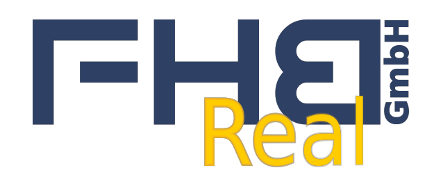 Das Logo für F&H Real ist auf schwarzem Hintergrund mit blauen und gelben Farben dargestellt. Die Buchstaben 'F' und 'H' sind groß, während das Wort 'Real' kleiner und gelb geschrieben ist.