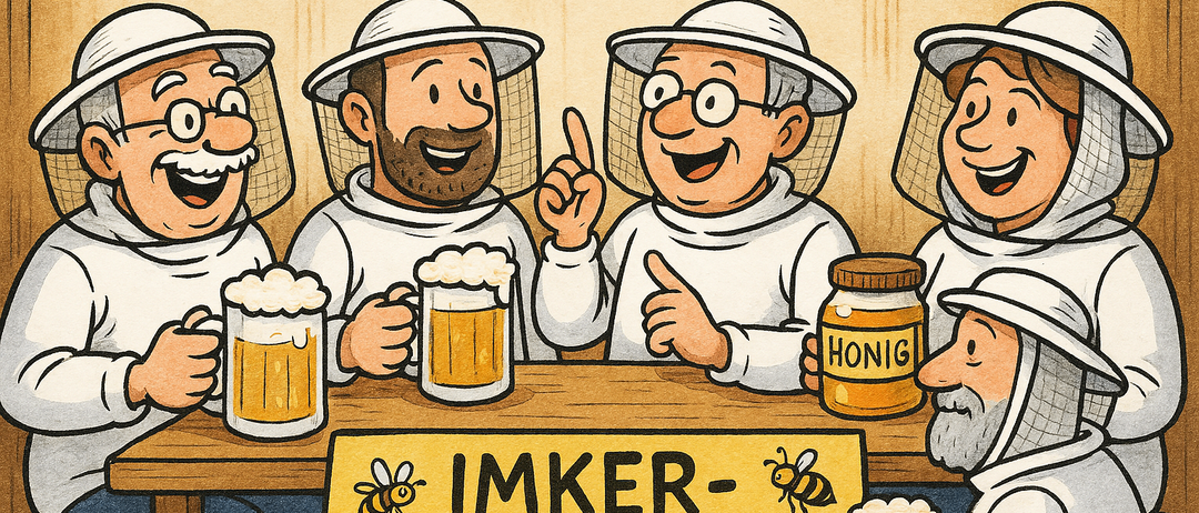 Fünf Imker sitzen um einen Tisch herum und tragen Schutzmützen. Vor ihnen stehen Biergläser und ein Glas Honig. Über ihnen fliegen Bienen. Auf dem Schild am Tisch steht 'IMKER STAMMTISCH'.
