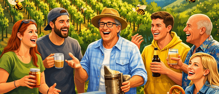 Gruppe von Menschen versammelt sich um Bienenkästen in einem Feld. Ein Mann in der Mitte lächelt. Bienen fliegen umher. Datum 15.5.2026. Der Text lautet 'am Stand der Landwirtschaft'.