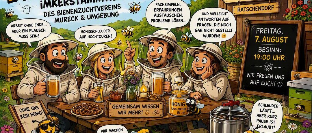 Eine Gruppe von Imkern, die in Schutzkleidung gekleidet sind, versammelt sich um einen Tisch mit Essen und Getränken, mit einem Schild, auf dem 'Gemeinsam wissen wir mehr' steht. Bienen sind anwesend, und es gibt eine Tafel mit der Nummer 19.