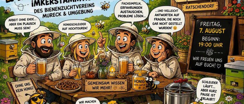 Eine Gruppe von Imkern, die in Schutzkleidung gekleidet sind, versammelt sich um einen Tisch mit Essen und Getränken, mit einem Schild, auf dem 'Gemeinsam wissen wir mehr' steht. Bienen sind anwesend, und es gibt eine Tafel mit der Nummer 19.