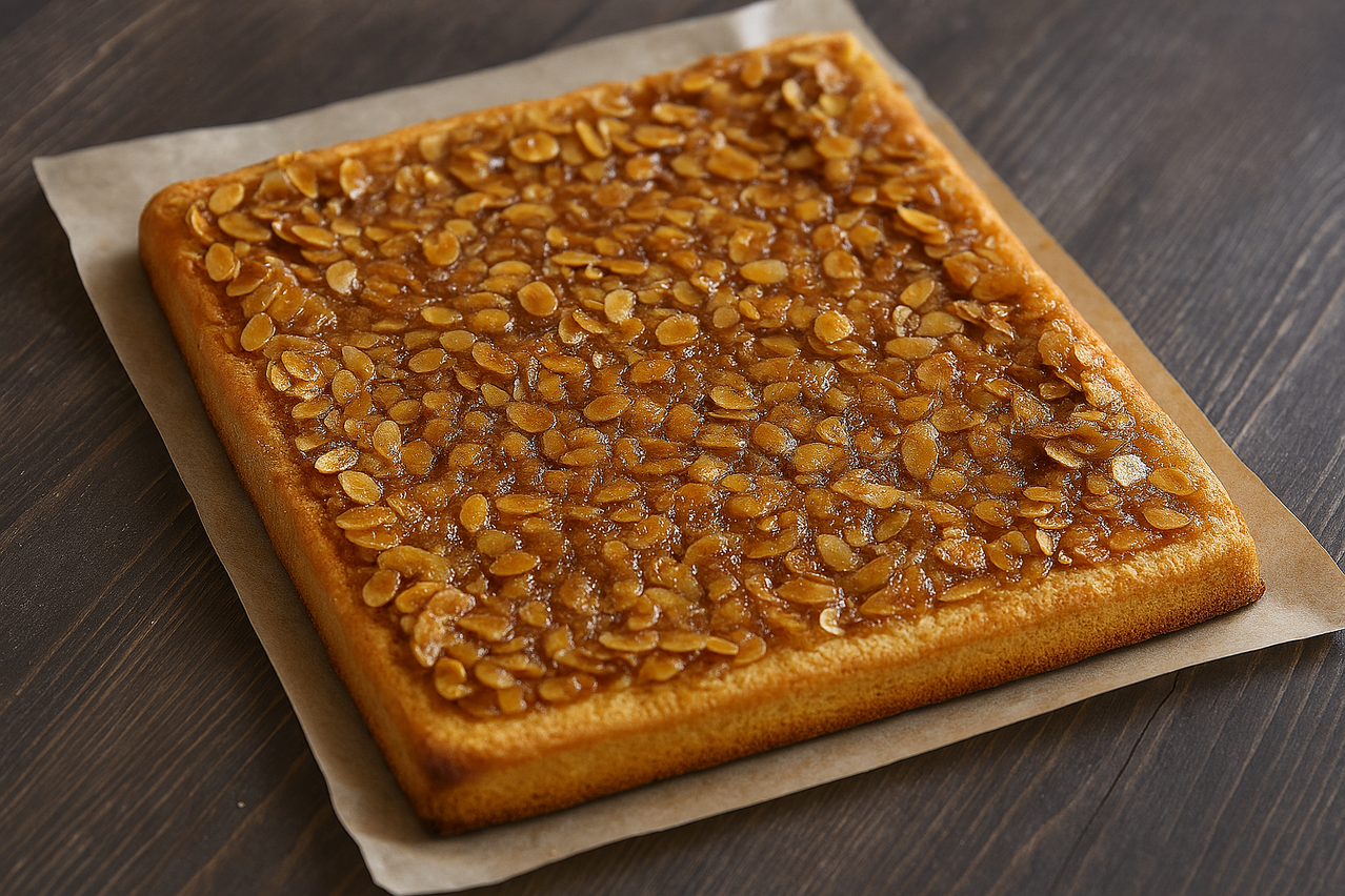 Ein quadratisches Dessert mit Karamell und Mandeln auf einer braunen Oberfläche.