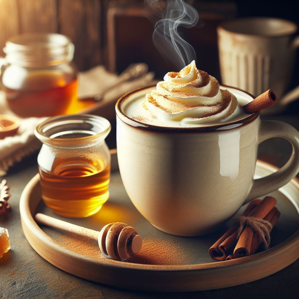 Eine Tasse heiße Schokolade mit Schlagsahne, einer Zimtstange und Honig steht auf einer Holzuntertasse. Zwei Honiggläser und ein Teller sind im Hintergrund.