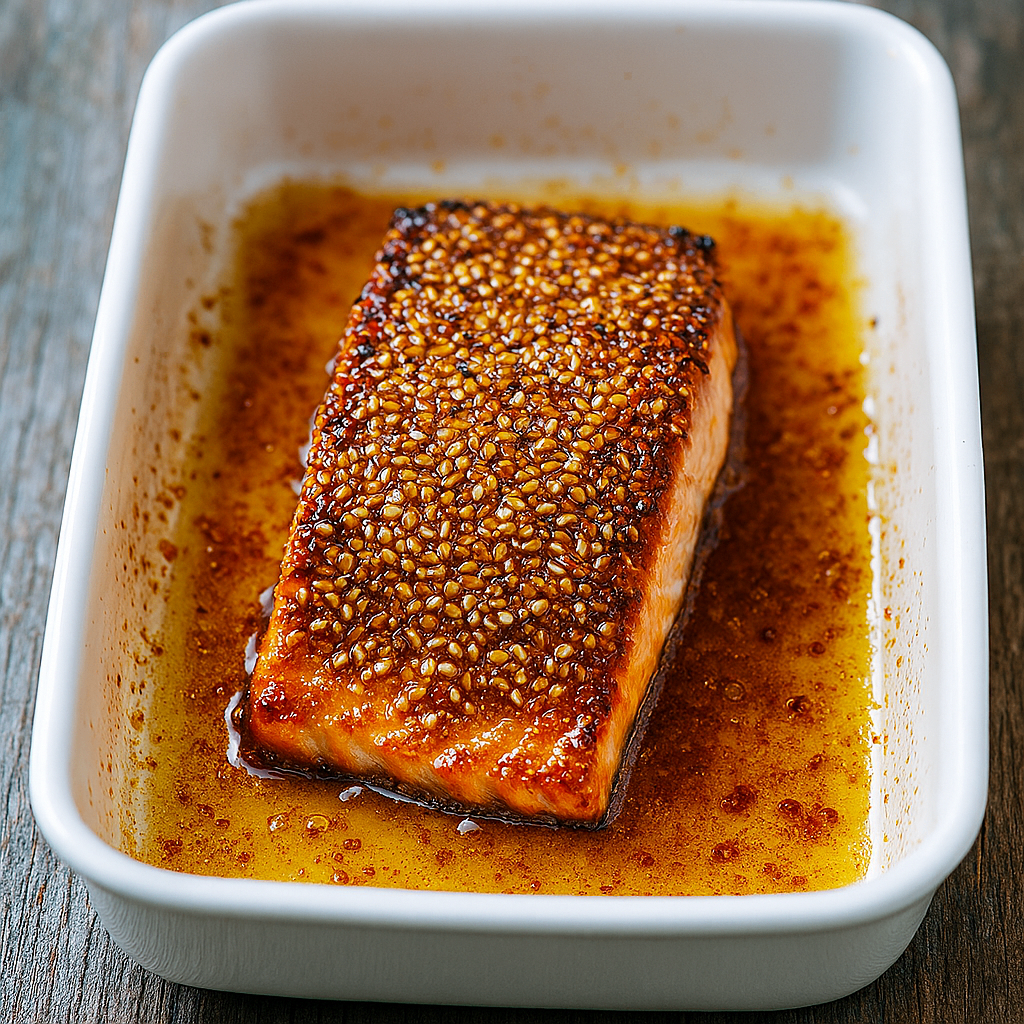 Ein Stück Lachs ist mit Sesam und Karamellsauce in einer weißen Backform auf einer Holzoberfläche glasiert.
