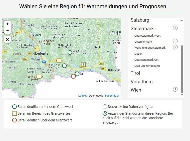 Eine interaktive Karte von Österreich zeigt verschiedene Regionen und Orte, einschließlich Salzburg, Steiermark und andere. Eine Legende am unteren Rand erklärt die verwendeten Symbole. Die Karte ist interaktiv, mit einer Datenquelle am unteren Rand angegeben.