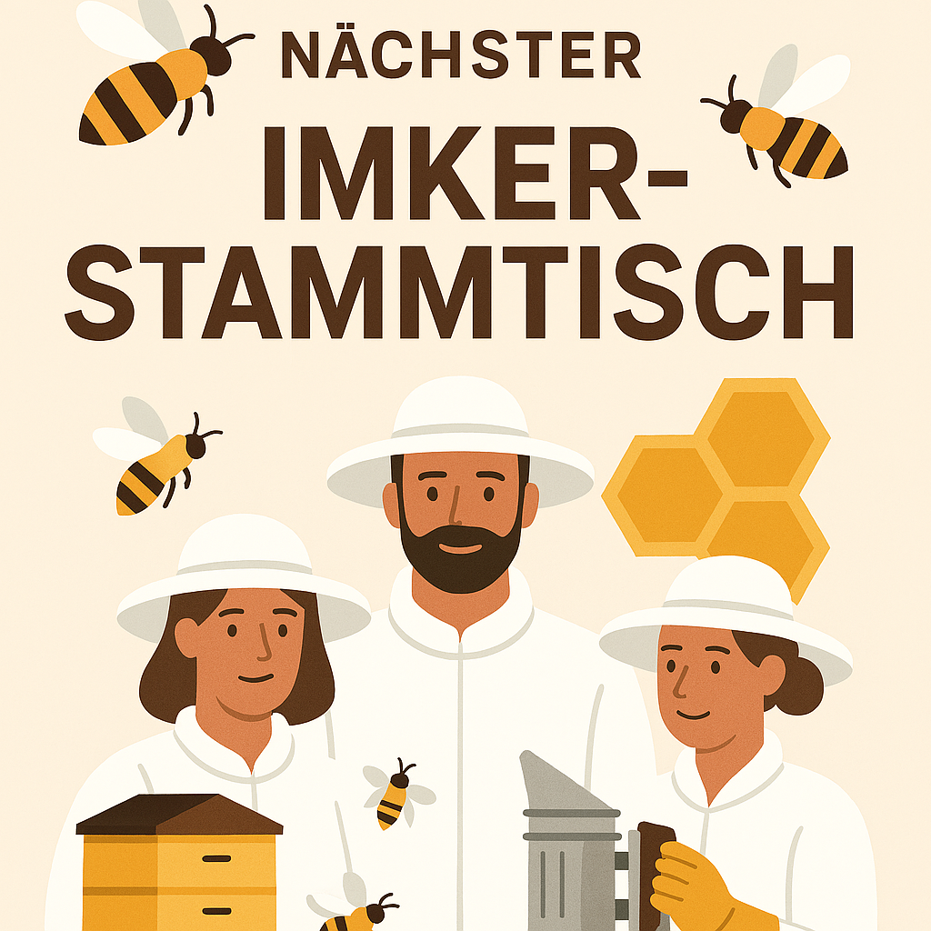 Illustration von Imkern mit einem Bienenstock und Honig, der Titel lautet 'NACHSTER IMKER-STAMMTISCH' auf Deutsch.