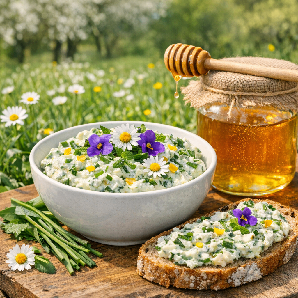 Eine Schüssel mit cremigem Salat mit Blumen und Kräutern steht auf einem Holzbrett mit einem Stück Brot und einem Glas Honig, aus dem Honig tropft.