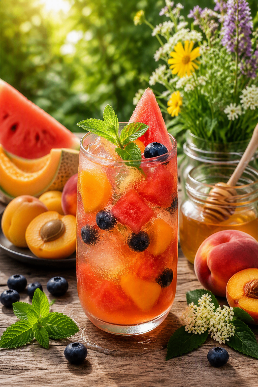 A tall glass filled with a refreshing fruit punch, topped with a slice of watermelon and mint leaves, surrounded by a variety of fruits like peaches, apricots, and blueberries.