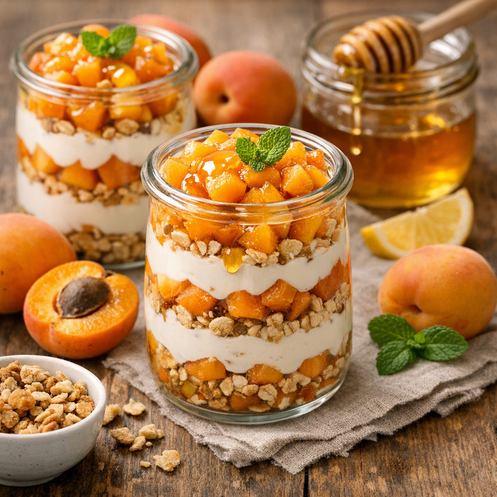 Three glass jars filled with a layered dessert of peaches, yogurt, and granola, with a jar of honey and a lemon slice nearby.