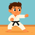 Ein Junge in einem Karate-Anzug übt Kampfkunst und zeigt Entschlossenheit mit einem konzentrierten Ausdruck und geduldiger Haltung.