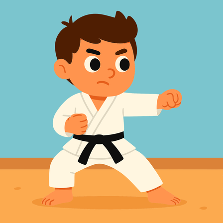 Ein Junge in einem Karate-Anzug übt Kampfkunst und zeigt Entschlossenheit mit einem konzentrierten Ausdruck und geduldiger Haltung.