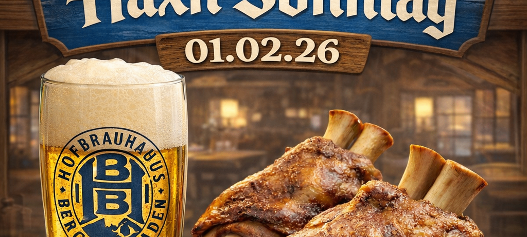 Ein Bild von einem Glas Bier mit einem Schweineknochengericht, einem Holzschild mit Haxn Sonntag und einem Datum vom 01.02.26.