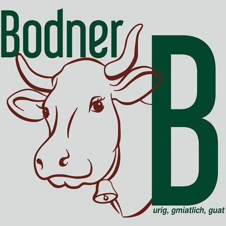 Das Bodner-Logo zeigt eine stilisierte Kuh mit einer Glocke um den Hals vor einem grauen Hintergrund mit den Buchstaben B und Bodner.