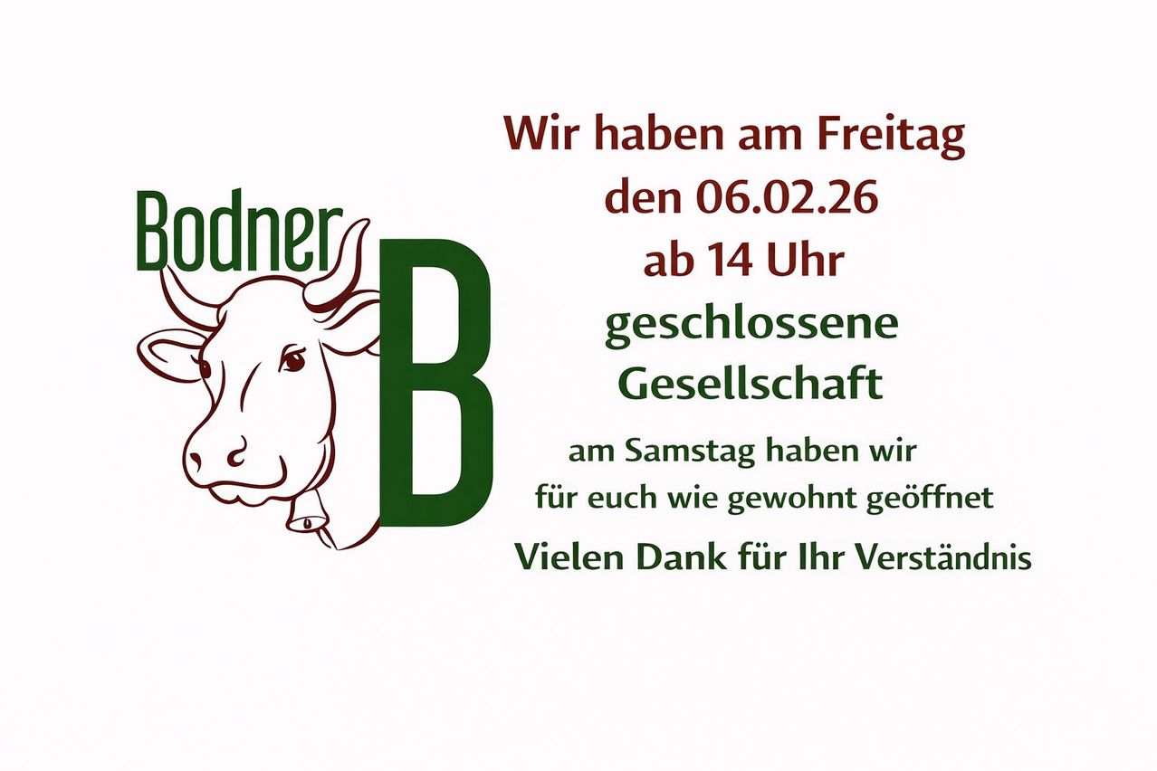 An image with a cow head and the letter B, with a message in German stating 'We are open on Friday, February 6, 2026 from 2 PM.'