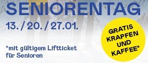 Werbeposter für 'Seniorentag' mit zwei Skifahrern auf einem verschneiten Berg. Termine sind 13., 20. und 27. Januar. Gültige Lifttickets erforderlich. Kostenloser Kaffee und Leckereien inklusive.