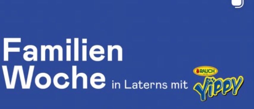 Plakat für Familien Woche in Laterns mit Yippy. Termine sind vom 9. Februar bis 13. Februar 2026. Zeigt einen schneebedeckten Pfad, Gebäude, Bäume und Charaktere.