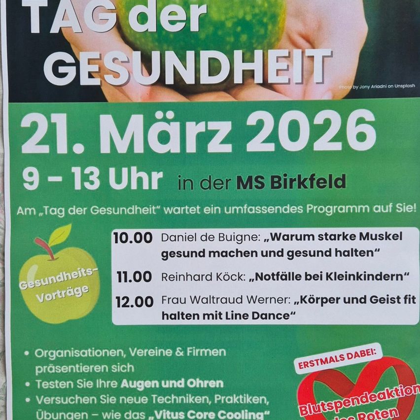 Plakat für den Gesundheitstag am 21. März 2026 von 9-13 Uhr in der MS Birkfeld. Es enthält einen Zeitplan mit Rednern und Themen zu Muskelgesundheit, Notfallfällen bei Kindern und Körper- und Geistfitness durch Line Dance.