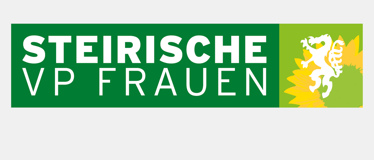 Das Logo der 'Steirischen VP Frauen', einer politischen Gruppe in der Steiermark, Österreich, zeigt einen grünen Banner mit weißem Text und einem weißen Löwen auf gelbem Hintergrund.