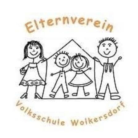 Illustration von vier Kindern, die zusammenstehen und Händchen halten, mit einem Haus darüber. Der Text lautet 'Elternverein Volksschule Wolkersdorf'.