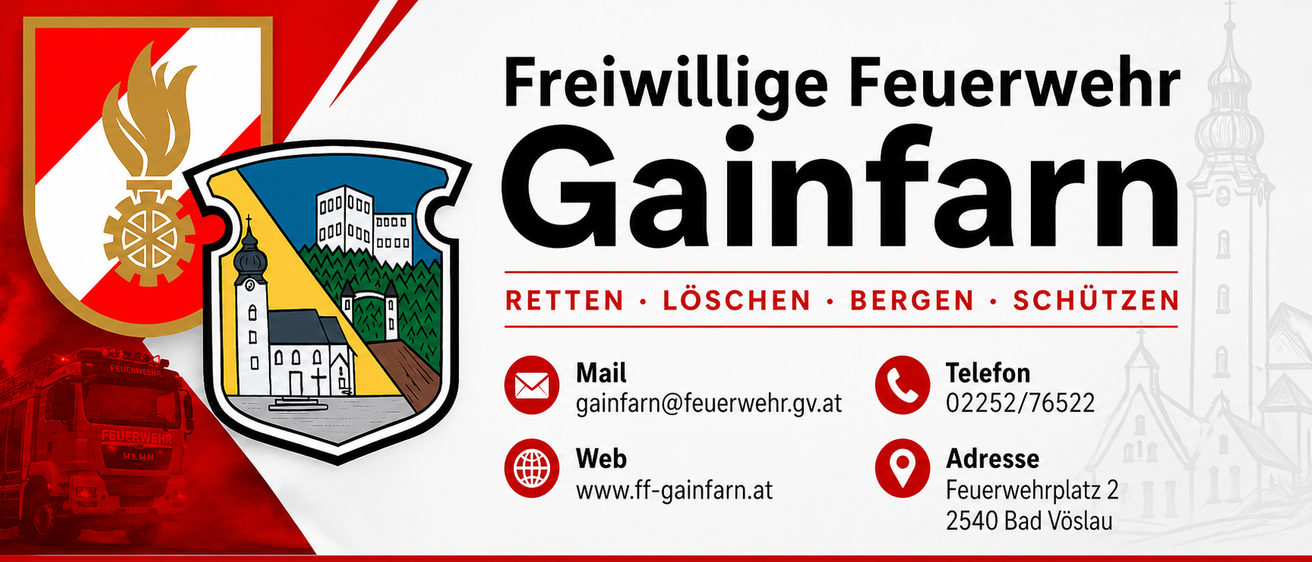 Ein rotes und weißes Grafik zeigt das Logo der Freiwilligen Feuerwehr Gainfarn mit Kontaktdaten. Es enthält eine E-Mail-Adresse, eine Telefonnummer und eine Website. Der Slogan 'Retten, Löschen, Bergen' ist ebenfalls vorhanden.