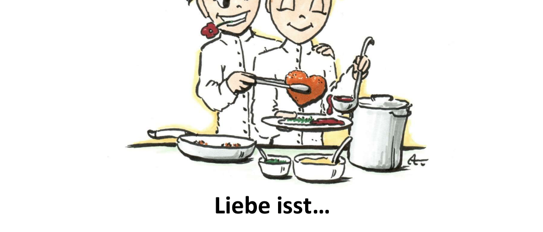 Ein Plakat für eine Kochveranstaltung namens 'Kuchenliebelei 2.0'. Es zeigt einen Cartoon von zwei Köchen, die mit einem Herz auf ihren Schürzen kochen, umgeben von Essen. Der Text lautet 'Liebe isst...'. Es kündigt einen Abend mit fünf Gängen an. Das Datum ist Freitag, 16.05.2025, Beginn 18 Uhr. Tischreservierung ist erforderlich.